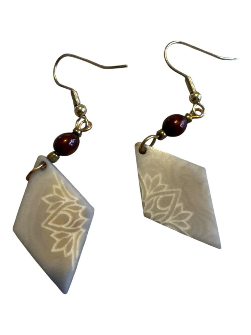 Diamond-Shaped Lotus Engraved Earrings With Bead Accent For Women